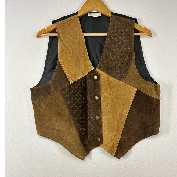 Unbranded Jackets & Blazers - Western Boho Vintage Unbranded Women M/L Brown Patchwork Suede Leather Vest Snap